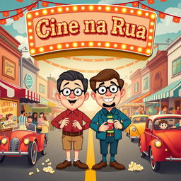 A charming and nostalgic cinema poster in retro style featuring 'Cine na Rua' prominently at the top in decorative vintage typography