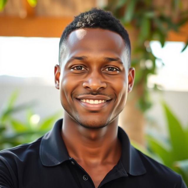 A 35-year-old light-skinned man with a dark complexion wearing a black polo shirt, standing casually in a bright, outdoor environment with lush greenery around him