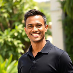 A 35-year-old light-skinned man with a dark complexion wearing a black polo shirt, standing casually in a bright, outdoor environment with lush greenery around him