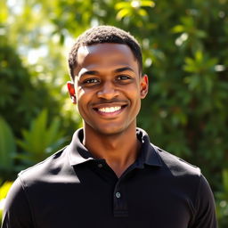 A 35-year-old light-skinned man with a dark complexion wearing a black polo shirt, standing casually in a bright, outdoor environment with lush greenery around him