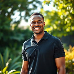 A 35-year-old light-skinned man with a dark complexion wearing a black polo shirt, standing casually in a bright, outdoor environment with lush greenery around him