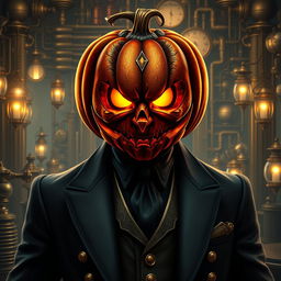 Digital art of a suave supervillain steampunk mob boss with a jack-o-lantern head