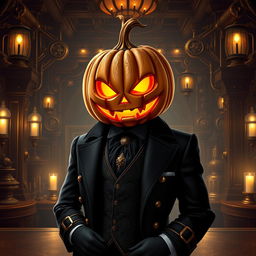 Digital art of a suave supervillain steampunk mob boss with a jack-o-lantern head