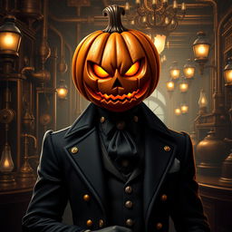 Digital art of a suave supervillain steampunk mob boss with a jack-o-lantern head