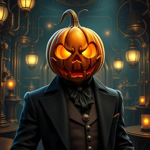 Digital art of a suave supervillain steampunk mob boss with a jack-o-lantern head