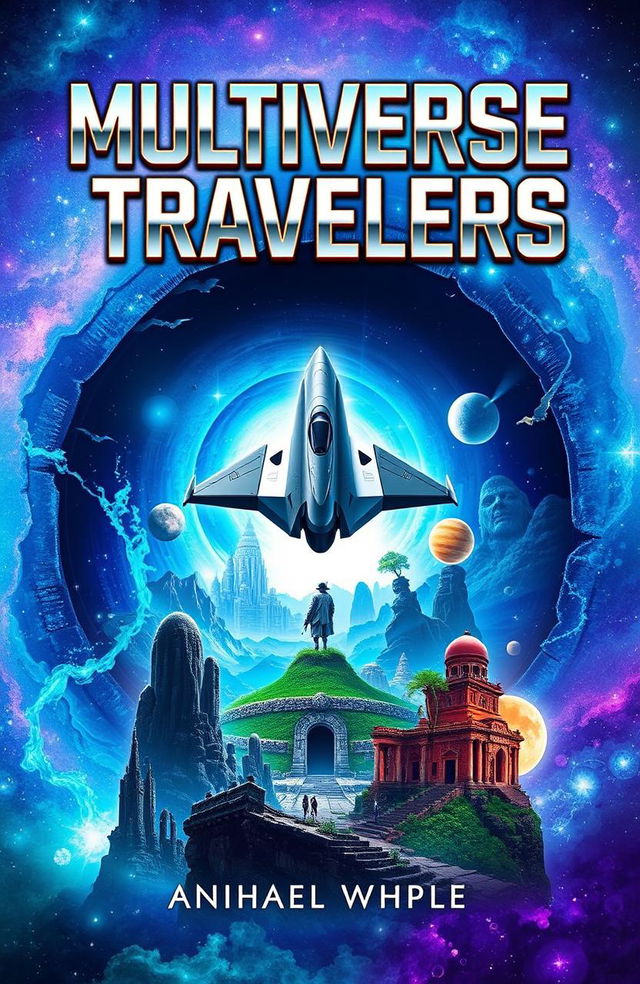 A captivating book cover for a science fiction novel titled 'Multiverse Travelers