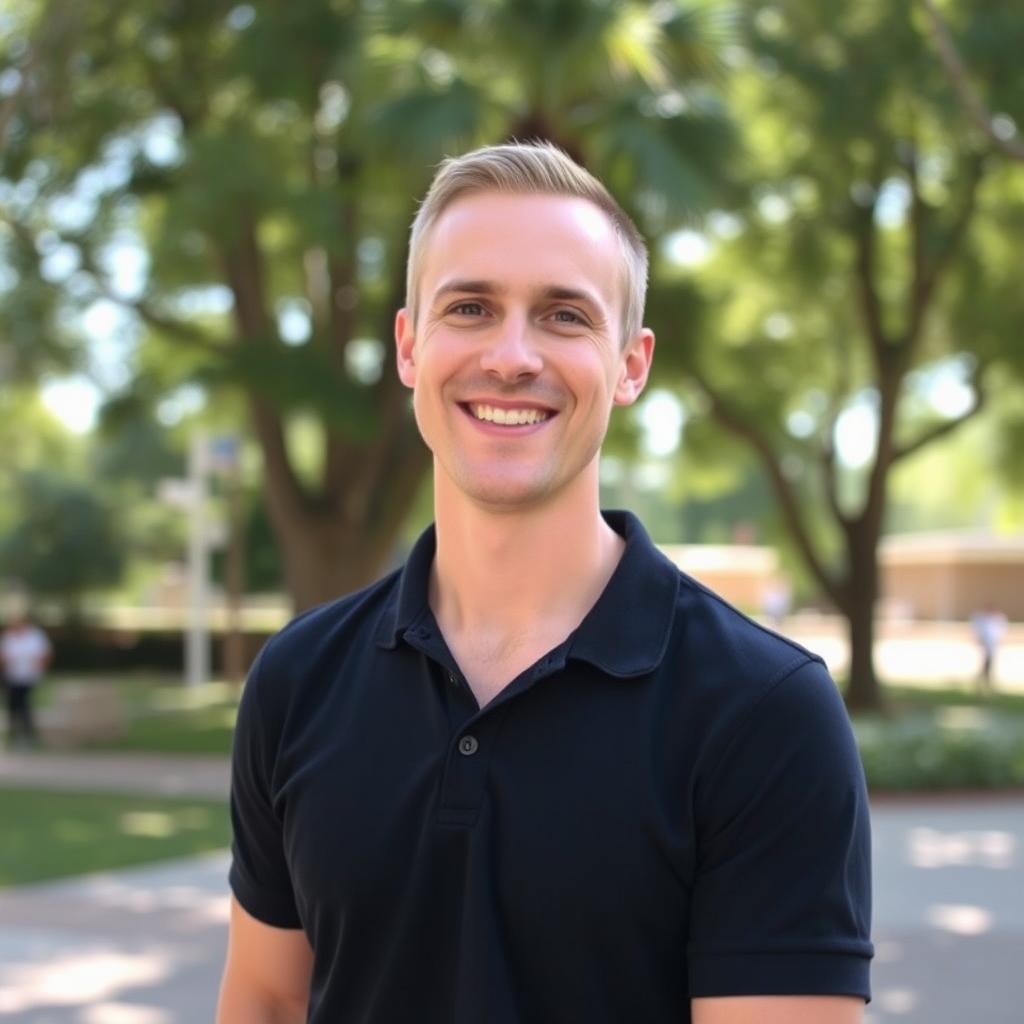 A 35-year-old light-skinned man wearing a black polo shirt, standing in a casual pose with a friendly smile