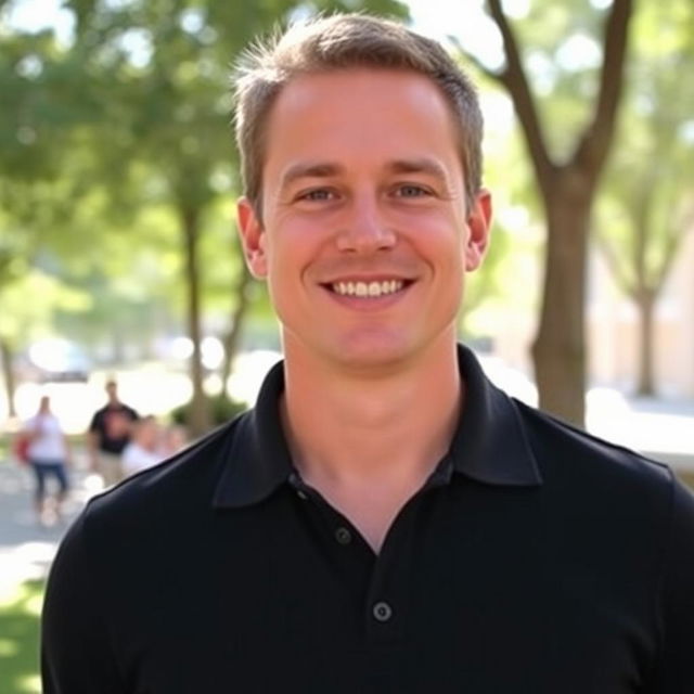 A 35-year-old light-skinned man wearing a black polo shirt, standing in a casual pose with a friendly smile