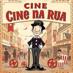 A nostalgic cinema poster in retro style featuring 'Cine na Rua' prominently displayed at the top in elegant, vintage typography