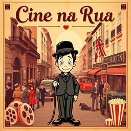 A nostalgic cinema poster in retro style featuring 'Cine na Rua' prominently displayed at the top in elegant, vintage typography