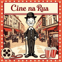A nostalgic cinema poster in retro style featuring 'Cine na Rua' prominently displayed at the top in elegant, vintage typography