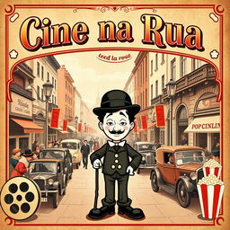 A nostalgic cinema poster in retro style featuring 'Cine na Rua' prominently displayed at the top in elegant, vintage typography