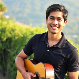 A 35-year-old Hispanic man holding a guitar, dressed in a black polo shirt