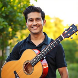 A 35-year-old Hispanic man holding a guitar, dressed in a black polo shirt