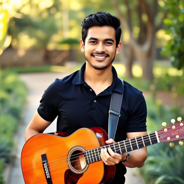 A 35-year-old Hispanic man holding a guitar, dressed in a black polo shirt