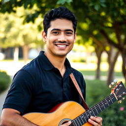 A 35-year-old Hispanic man holding a guitar, dressed in a black polo shirt