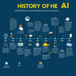 A detailed infographic timeline showcasing the history of artificial intelligence (AI) through various consumer products