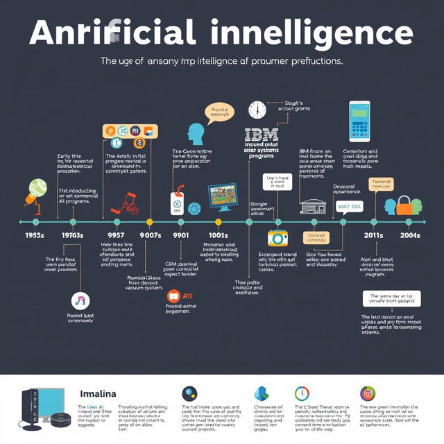 A detailed infographic timeline showcasing the history of artificial intelligence (AI) through various consumer products