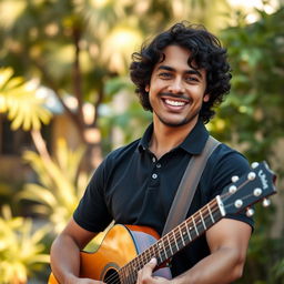 A 35-year-old Hispanic man with curly hair holding a guitar, dressed in a black polo shirt