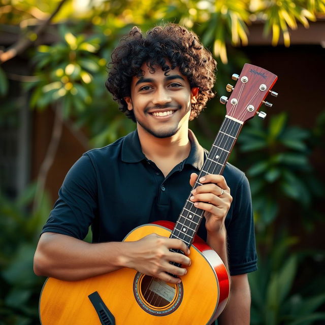 A 35-year-old Hispanic man with curly hair holding a guitar, dressed in a black polo shirt