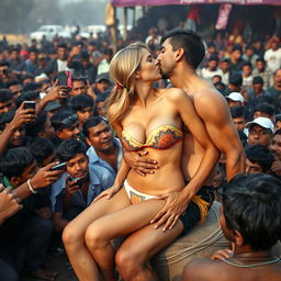 A sad and terrified beautiful busty blonde woman in a strapless, colorful bikini that highlights her big cleavage and sexy legs, wearing low waist small panties as she sits on the lap of a rugged Indian wrestler, engaged in a kiss