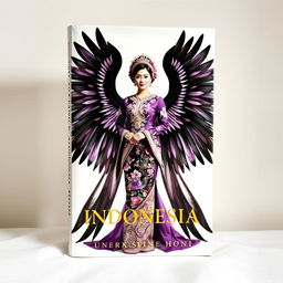 A captivating book cover showcasing a prominent icon of an Indonesian woman dressed in a beautifully designed kebaya, full of intricate details and vibrant colors