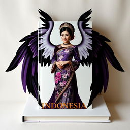 A captivating book cover showcasing a prominent icon of an Indonesian woman dressed in a beautifully designed kebaya, full of intricate details and vibrant colors