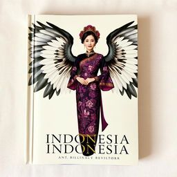 A captivating book cover showcasing a prominent icon of an Indonesian woman dressed in a beautifully designed kebaya, full of intricate details and vibrant colors