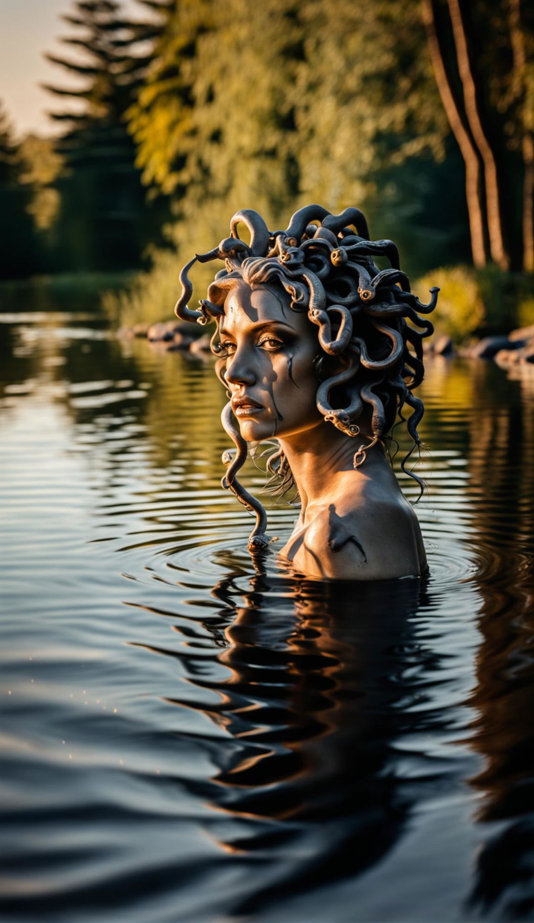 Medusa with a symmetrical face and detailed eyes, not fully turned to stone, gazing at her rippled reflection in a tranquil lake during golden hour, shot with Panasonic Lumix G85, G Vario 12-60mm f/3