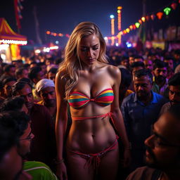 A sad and terrified beautiful busty blonde woman in a strapless, colorful bikini that showcases her big cleavage and sexy navel, surrounded by a dense crowd of Indian men at an outdoor mela (fair) at night