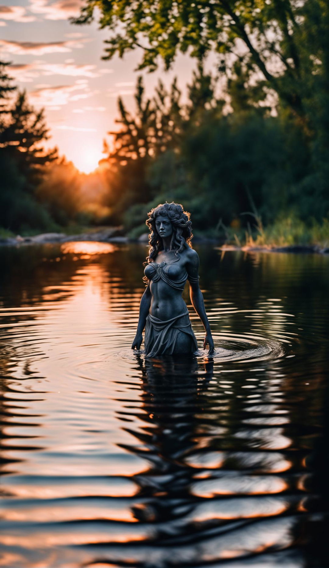 Medusa standing waist-deep in a lake, with a symmetrical face and detailed eyes, not fully turned to stone, displaying a peaceful expression under sunset lighting