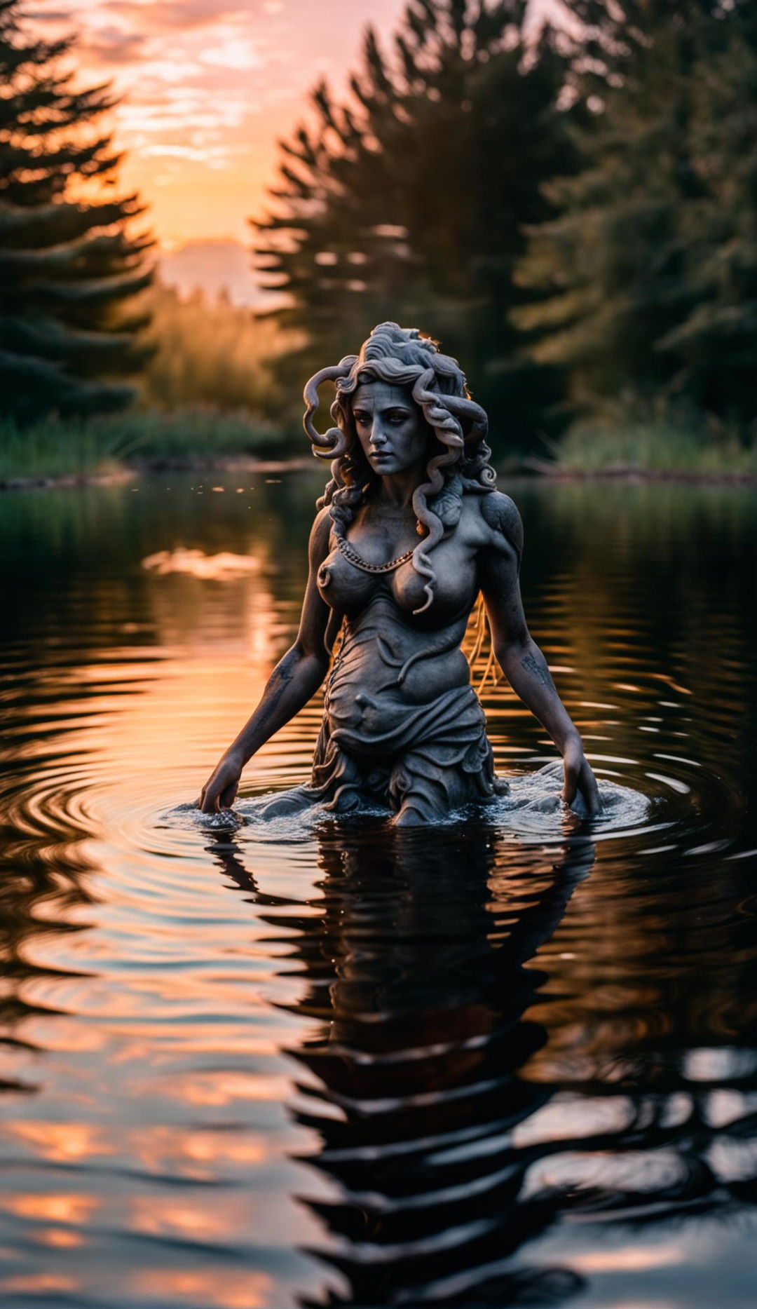 Medusa standing waist-deep in a lake, gazing at her reflection and slowly turning to stone