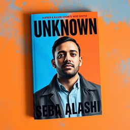 A striking book cover featuring a man in his 30s, set against a vibrant background of blue and orange colors
