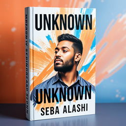 A visually striking book cover featuring a man in his 30s, prominently displayed against a dynamic background of blue and orange colors
