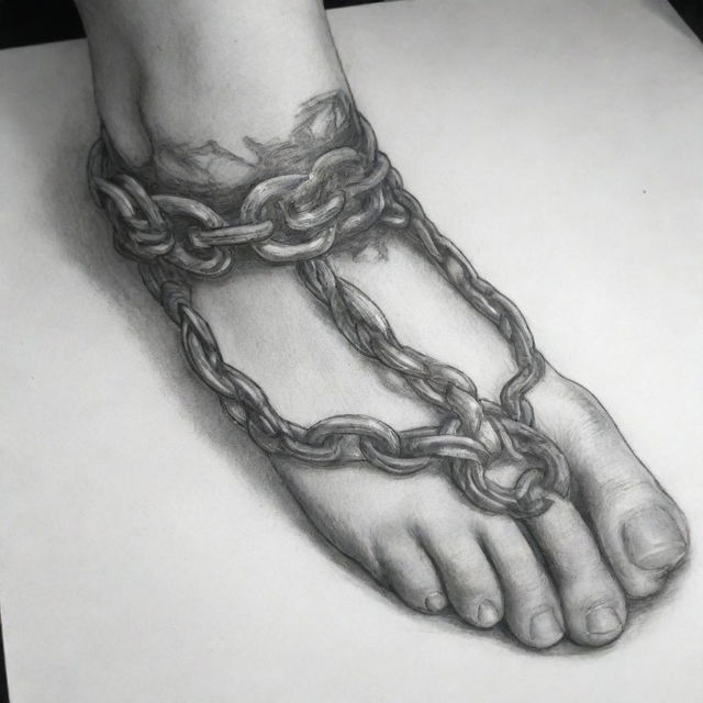 Sketch of a detailed and intricate chain tattoo design wrapped around a foot.