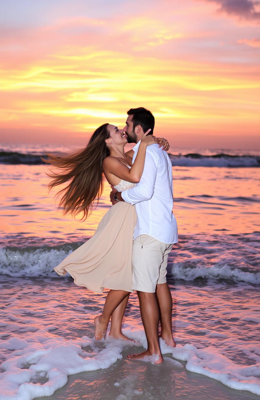 A romantic scene featuring a couple passionately kissing on the beach at sunset, with gentle ocean waves lapping at their feet