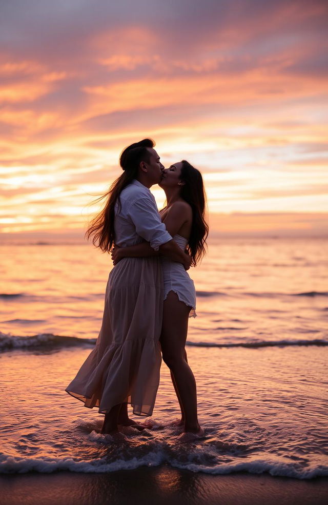 A romantic scene featuring a couple passionately kissing on the beach at sunset, with gentle ocean waves lapping at their feet