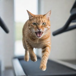 A ferocious-looking cat running on a treadmill