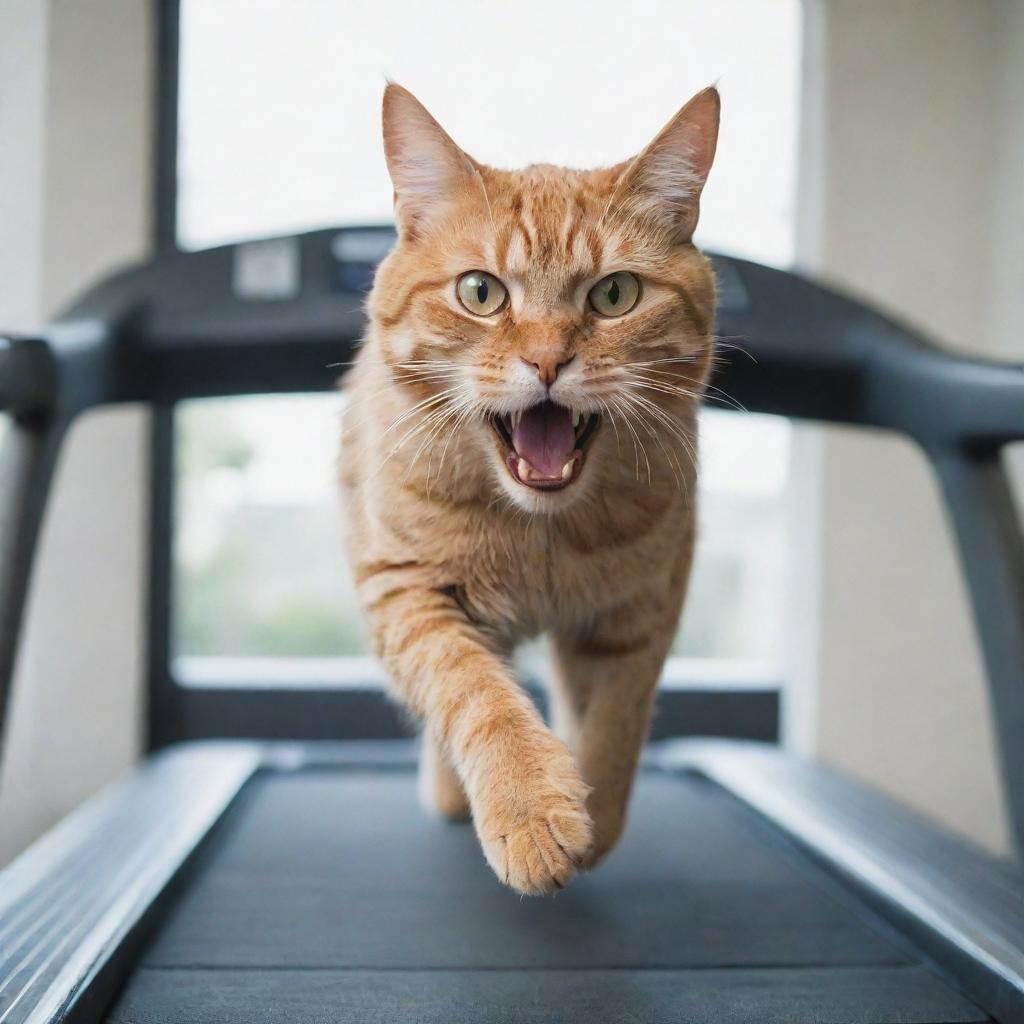 A ferocious-looking cat running on a treadmill