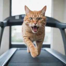 A ferocious-looking cat running on a treadmill