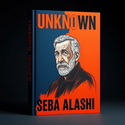 A striking book cover featuring a large drawing of a man in his late 40s, set against a dramatic background of dark blue and orange colors
