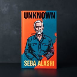 A striking book cover featuring a large drawing of a man in his late 40s, set against a dramatic background of dark blue and orange colors