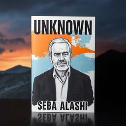 A striking book cover featuring a large drawing of a man in his late 40s, set against a dramatic background of dark blue and orange colors