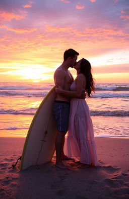 A romantic scene of a couple kissing by the ocean during sunset