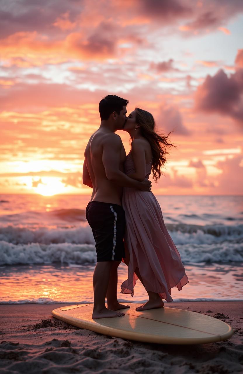 A romantic scene of a couple kissing by the ocean during sunset