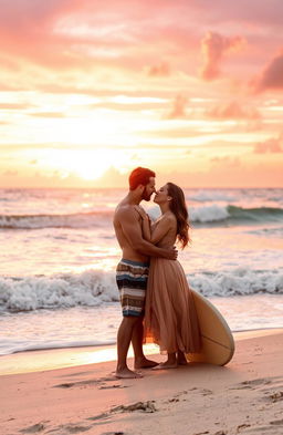A romantic scene of a couple kissing by the ocean during sunset