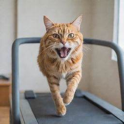 A ferocious-looking cat running on a treadmill