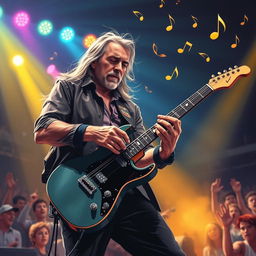 A highly detailed illustration of a guitarist performing passionately on stage, showcasing intricate finger placements on the guitar strings