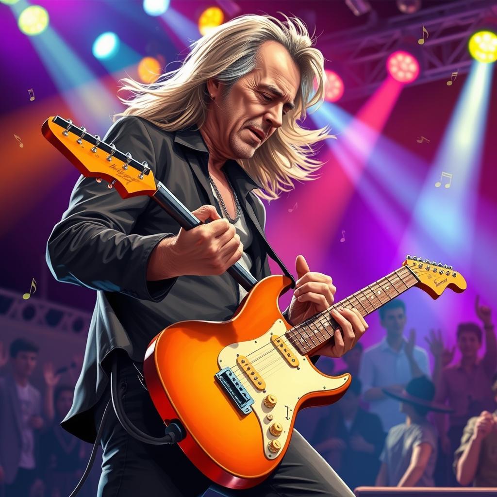 A highly detailed illustration of a guitarist performing passionately on stage, showcasing intricate finger placements on the guitar strings