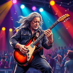 A highly detailed illustration of a guitarist performing passionately on stage, showcasing intricate finger placements on the guitar strings
